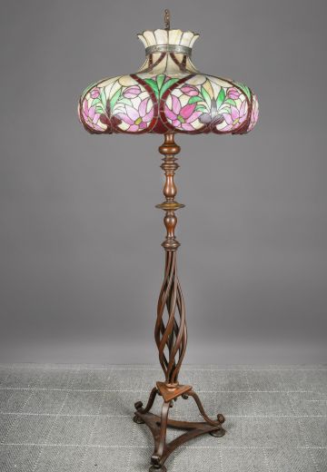 Bronze "Swirl" Floor Lamp w/Oversize Floral Art Glass Shade